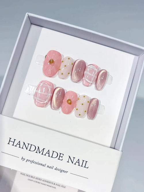 Pink White Silver Metallic Grid Pattern Stud press on nails