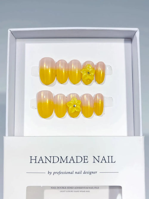 Nude Yellow Ombre Flower press on nails full set view