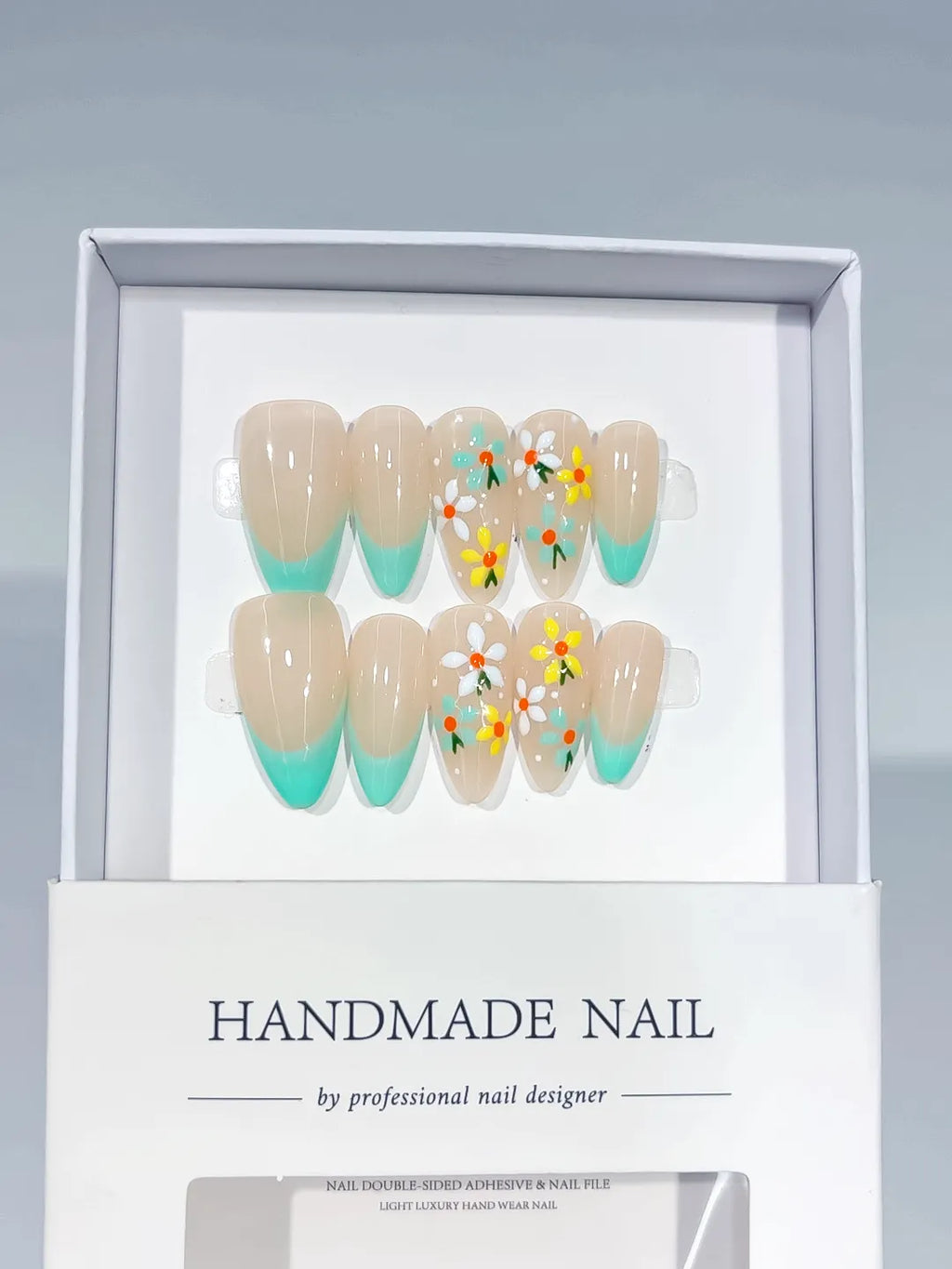 Nude Green Multicolor French tip Daisy press on nails full set view