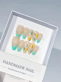 Nude Green Multicolor French tip Daisy press on nails