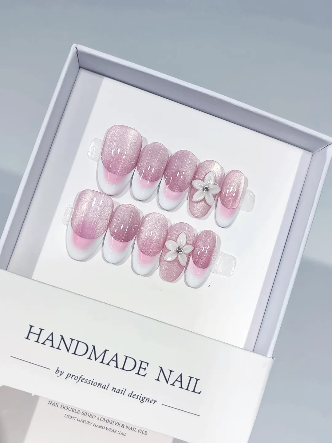Pink White French tip Flower press on nails