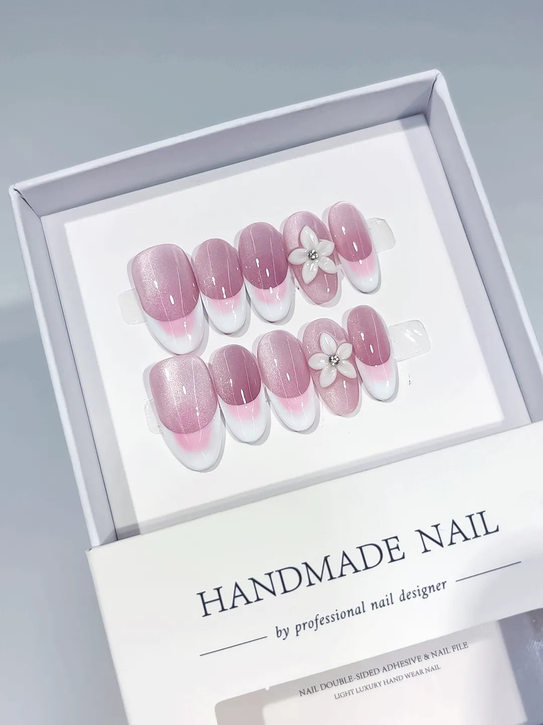 Pink White French tip Flower press on nails full set view