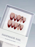 Nude Red French tip Bow Cherry Rhinestone press on nails