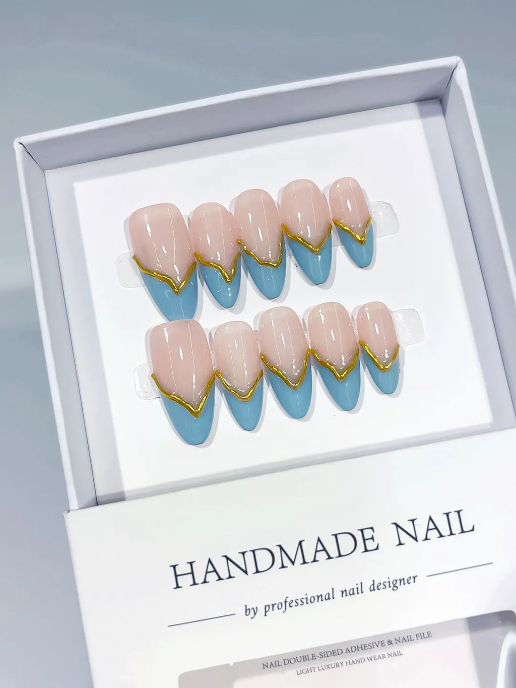 Nude Blue Gold French tip Gold Outline press on nails full set view