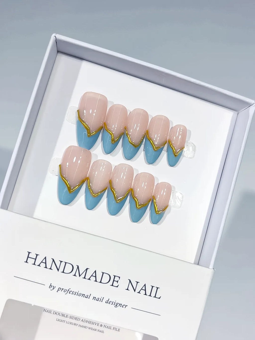 Nude Blue Gold French tip Gold Outline press on nails