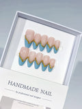 Nude Blue Gold French tip Gold Outline press on nails