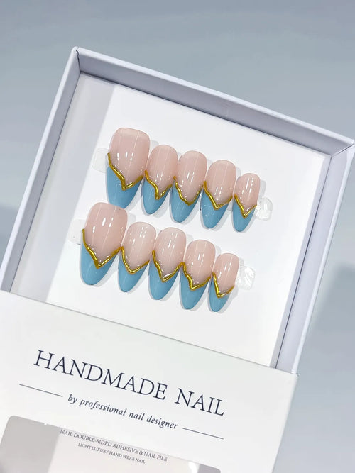 Nude Blue Gold French tip Gold Outline press on nails