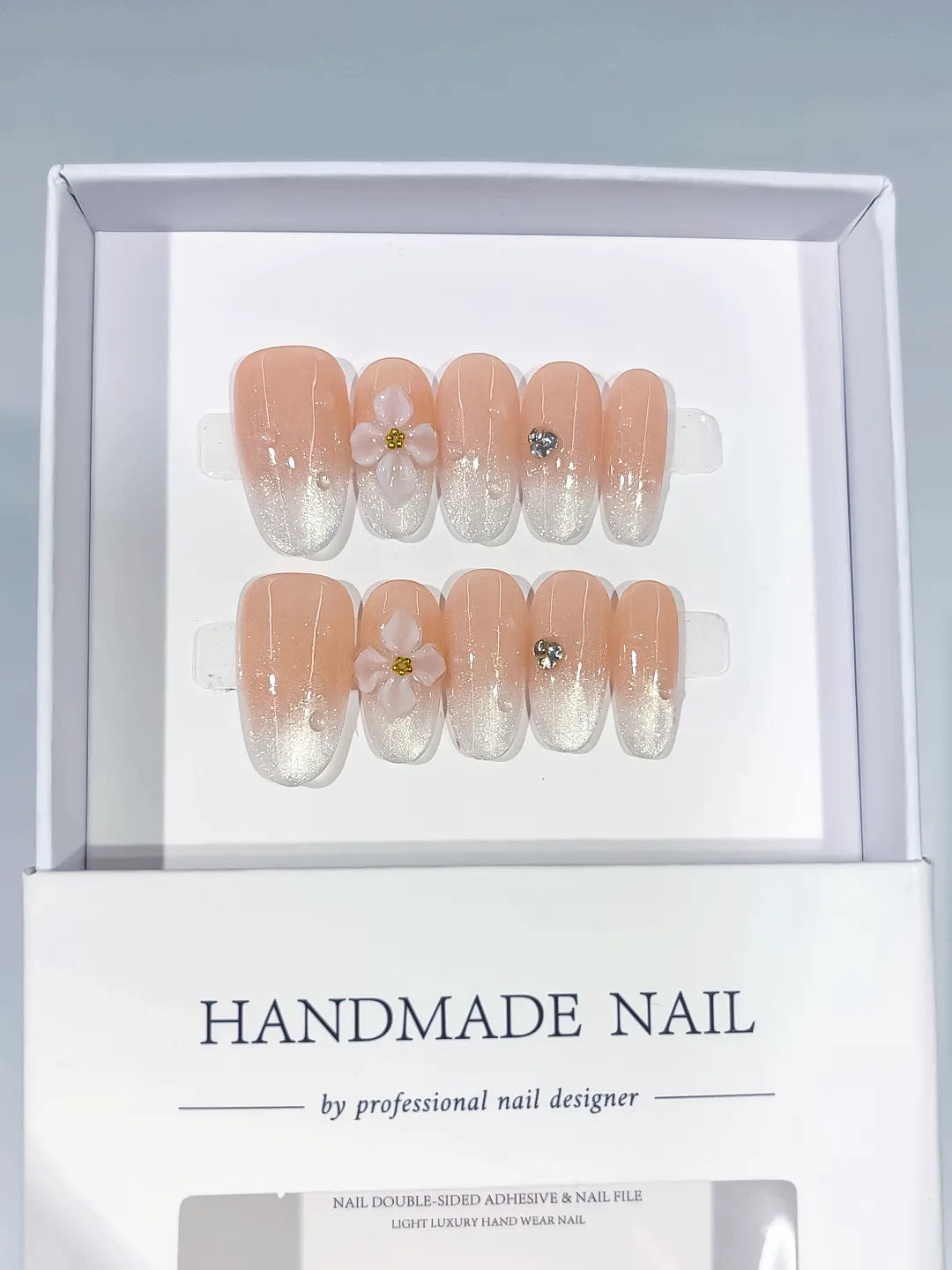 Nude White Silver Ombre Flower Rhinestone press on nails full set view