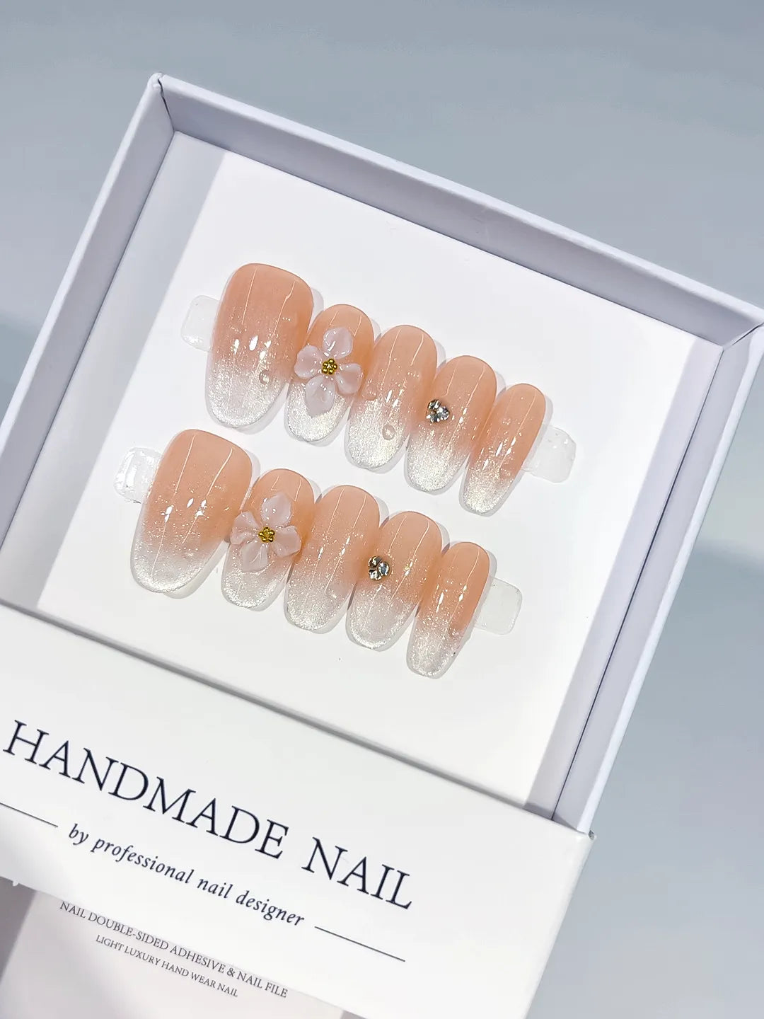 Nude White Silver Ombre Flower Rhinestone press on nails