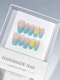 Nude Blue Yellow Ombre Flower press on nails