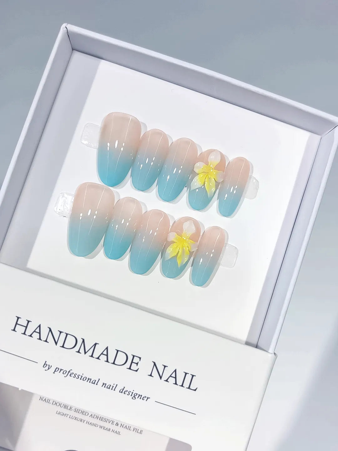 Nude Blue Yellow Ombre Flower press on nails