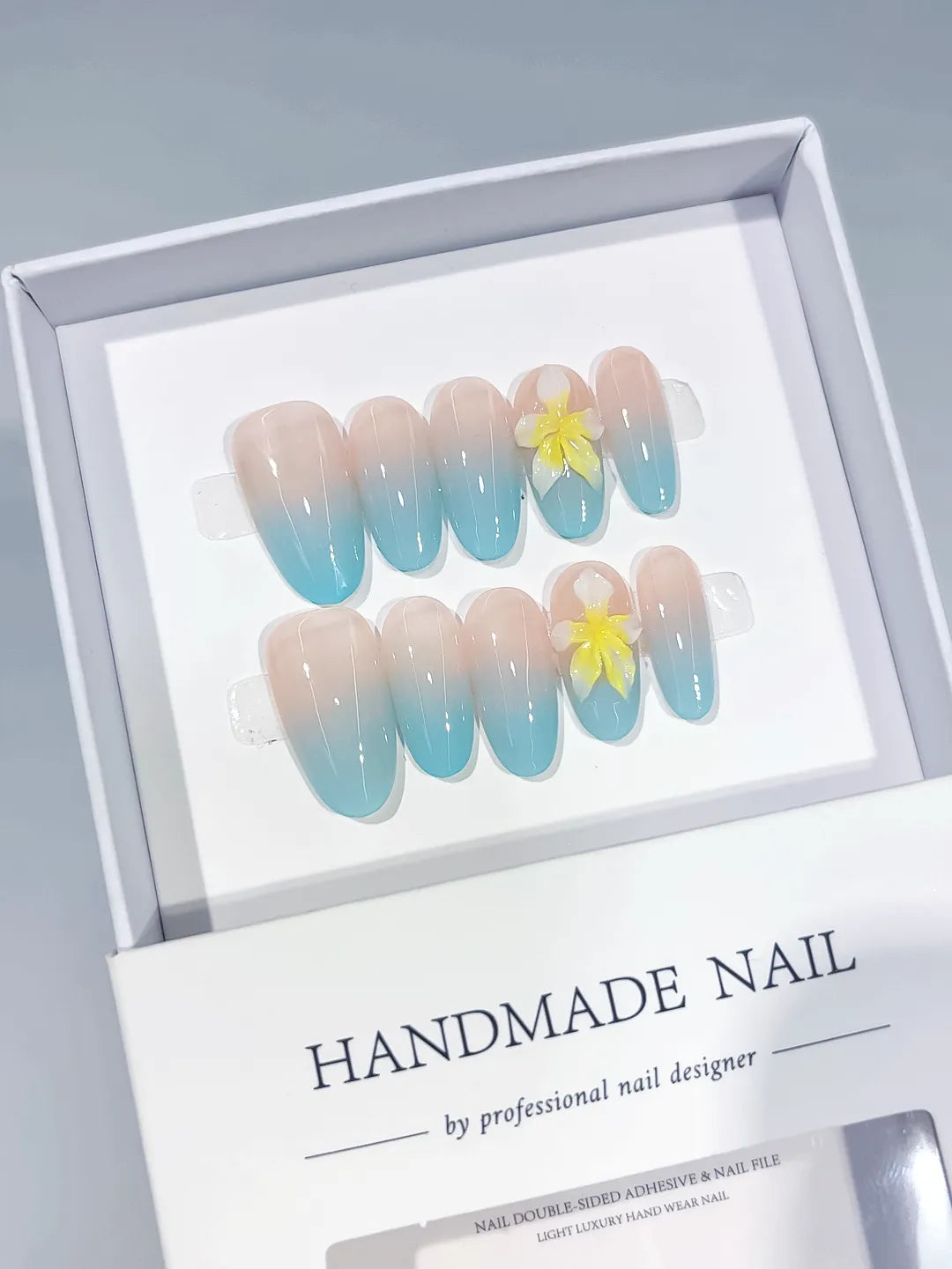 Nude Blue Yellow Ombre Flower press on nails full set view