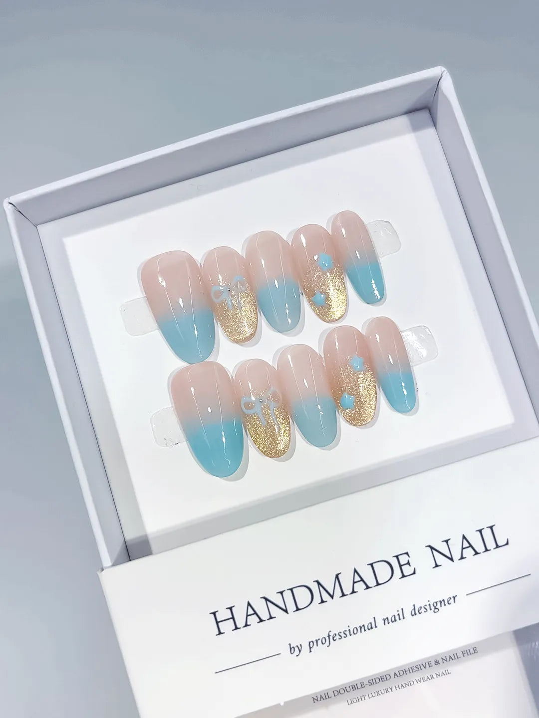Nude Blue Gold Ombre Glitter Bow press on nails full set view