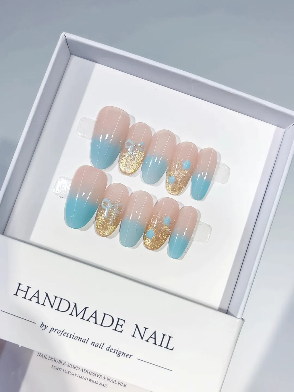 Nude Blue Gold Ombre Glitter Bow press on nails