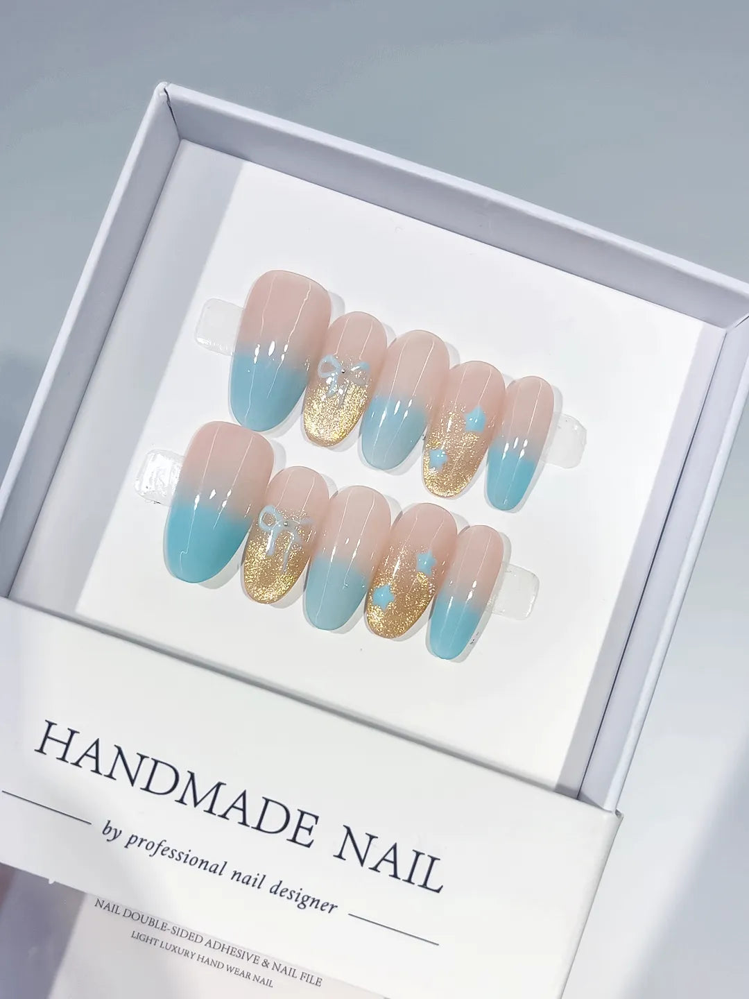 Nude Blue Gold Ombre Glitter Bow press on nails