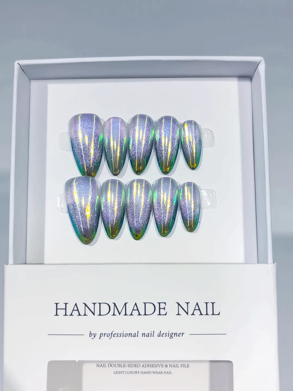 Purple Green Multicolor Holographic press on nails angled view
