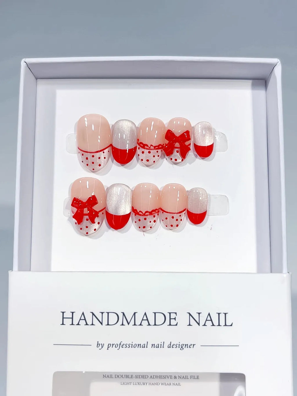 White Red Silver French tip Bow Polka Dot press on nails full set view