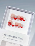 White Red Silver French tip Bow Polka Dot press on nails