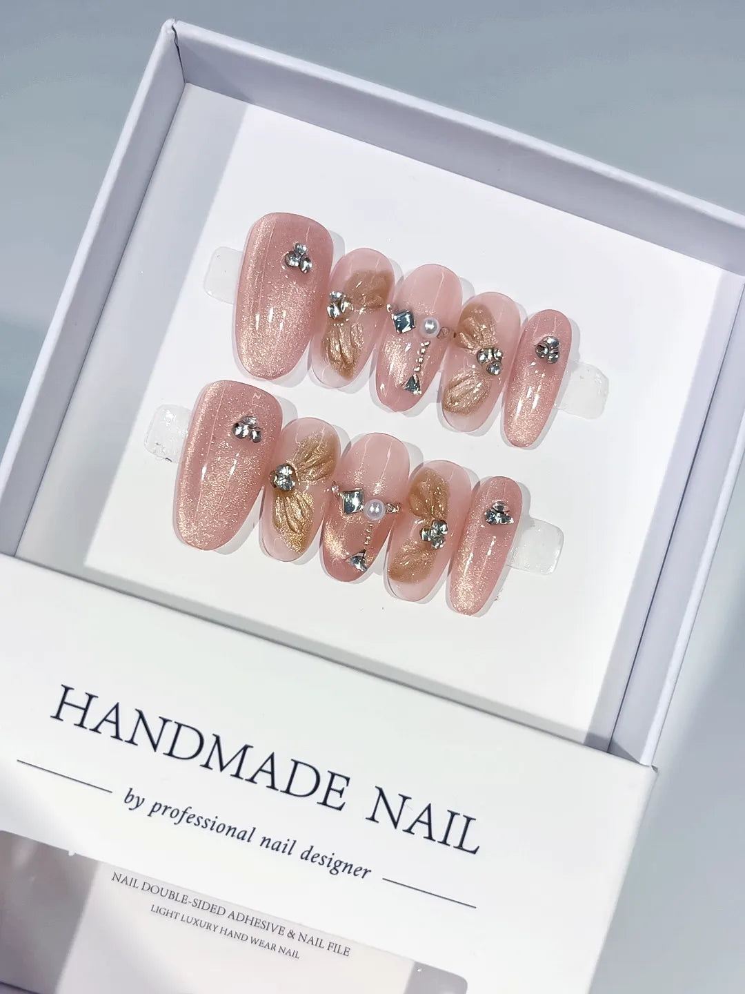 Pink Gold Glitter Flower Rhinestone press on nails