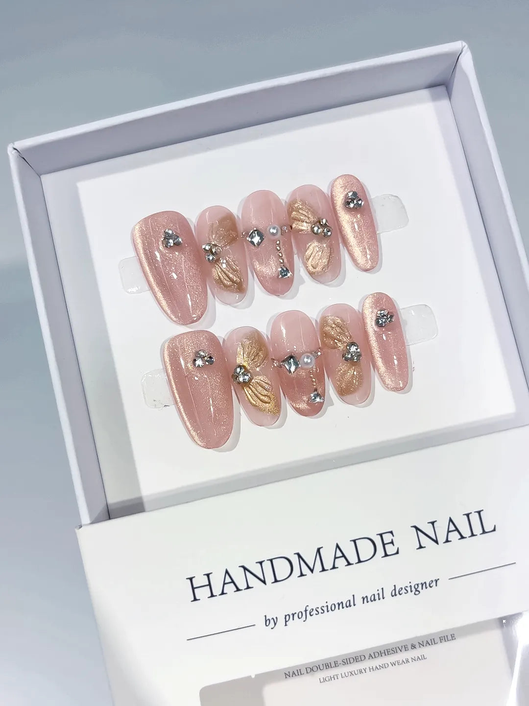 Pink Gold Glitter Flower Rhinestone press on nails angled view