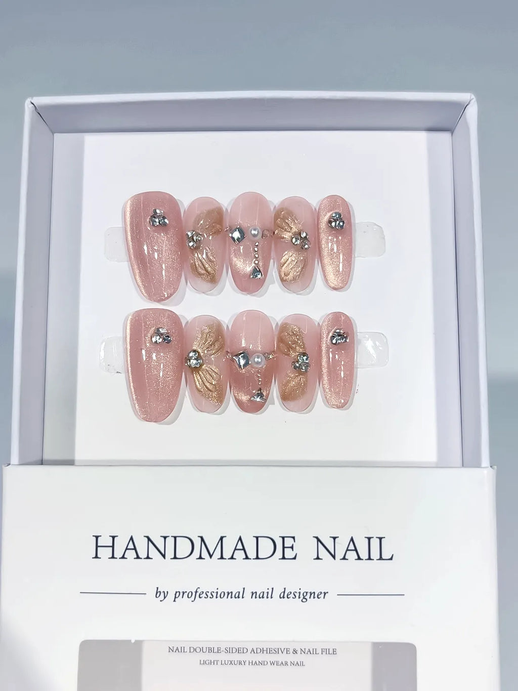 Pink Gold Glitter Flower Rhinestone press on nails full set view