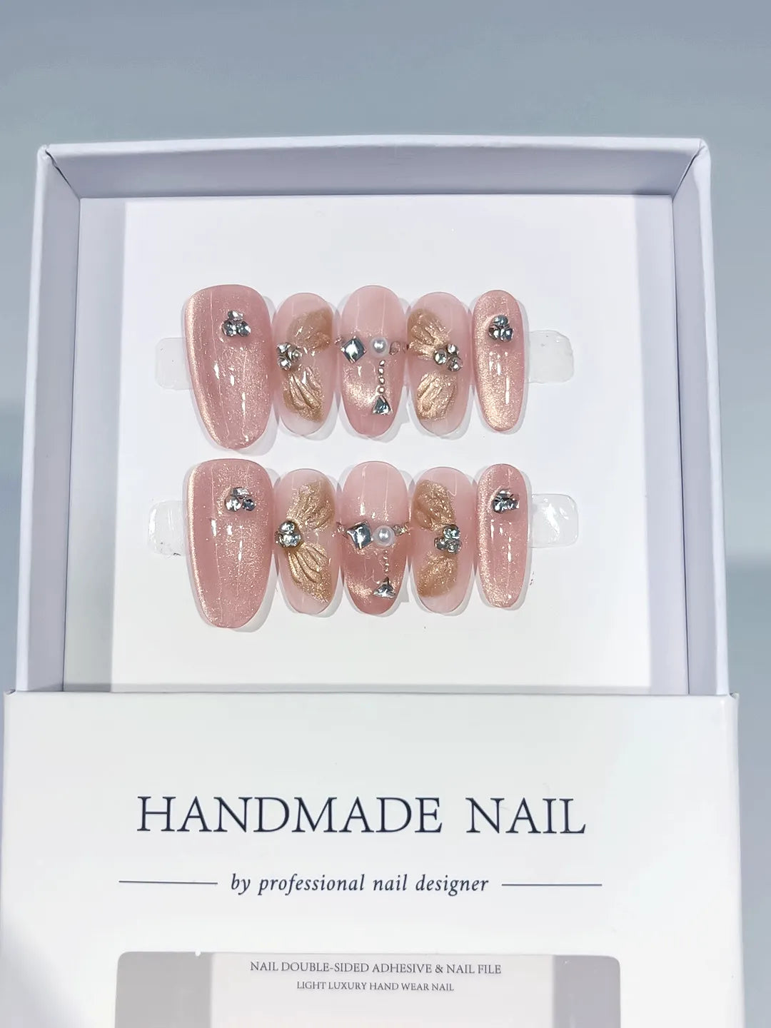 Pink Gold Glitter Flower Rhinestone press on nails full set view