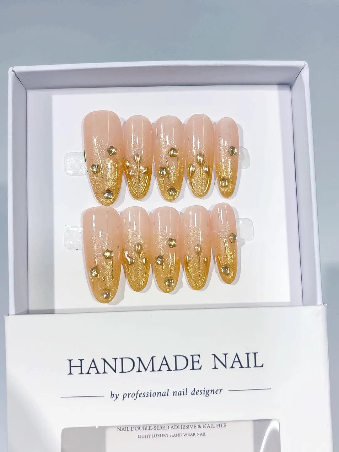 Nude Gold Glitter Gold Stud Metallic Accent press on nails full set view