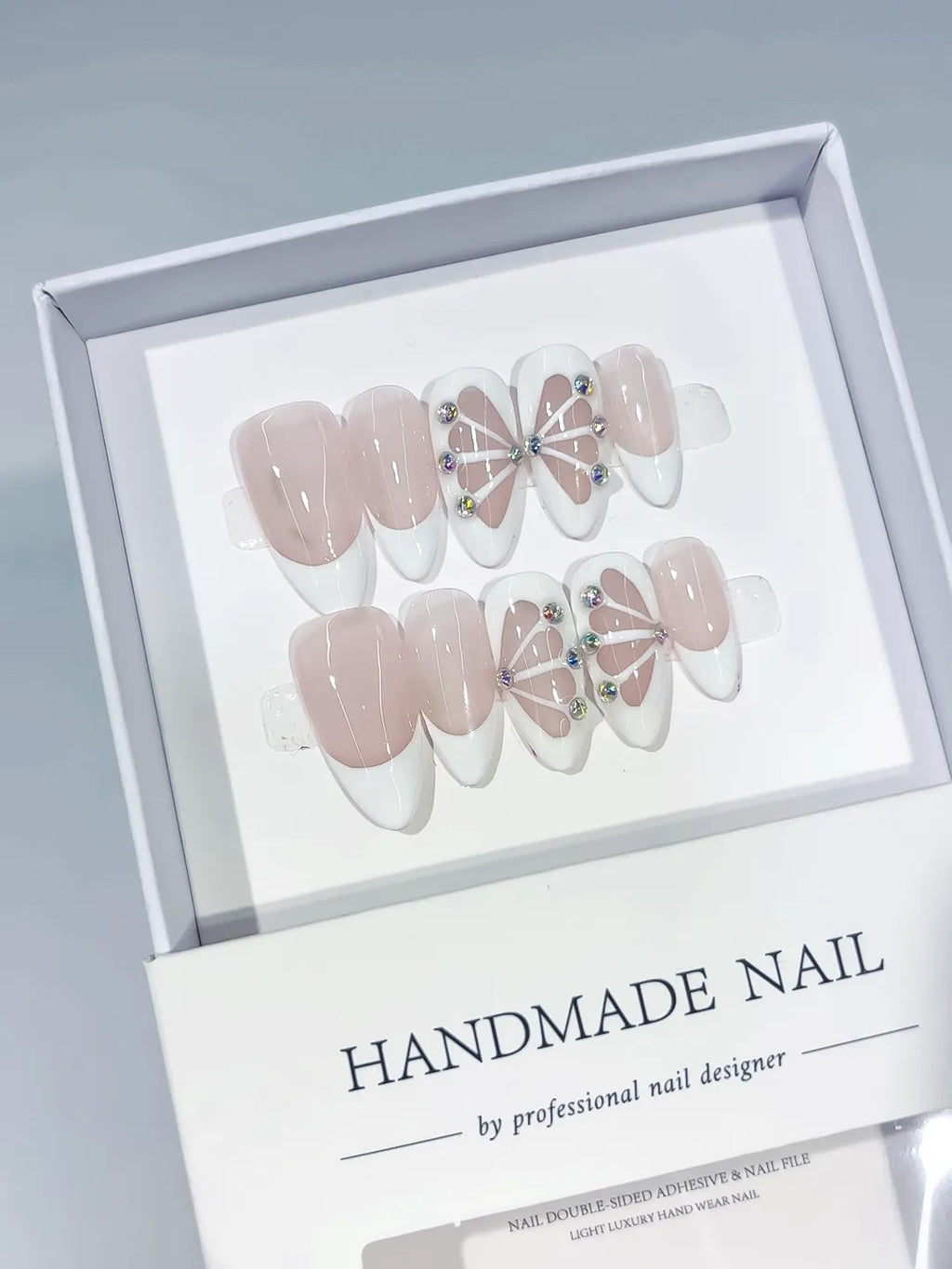 Nude White French tip Petal Rhinestone press on nails full set view