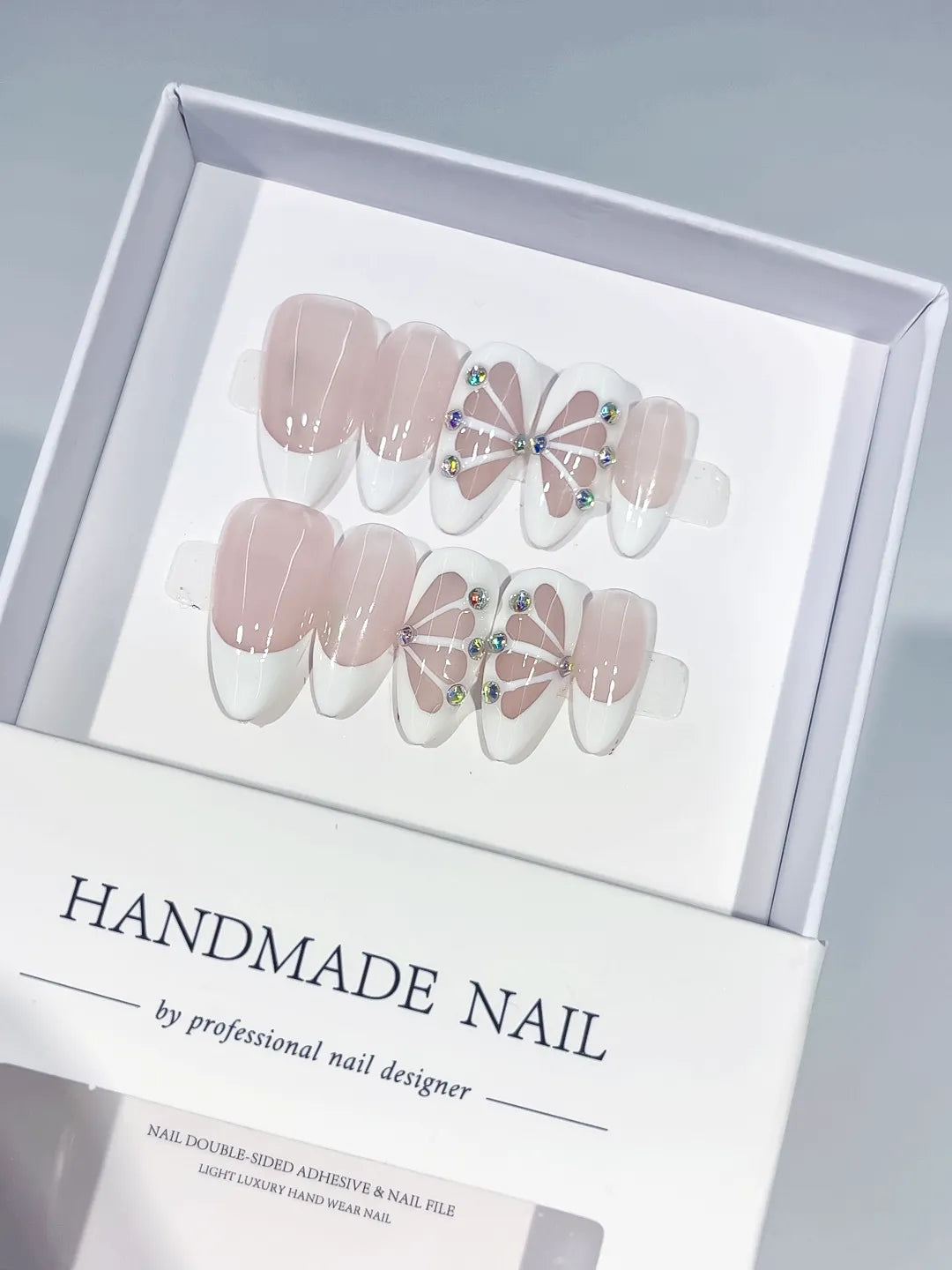 Nude White French tip Petal Rhinestone press on nails