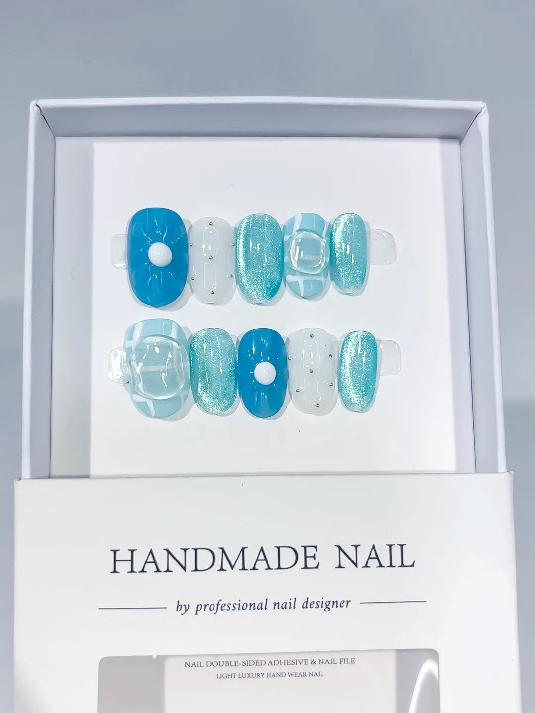 Blue White Glitter 3D Frame Rhinestone press on nails angled view