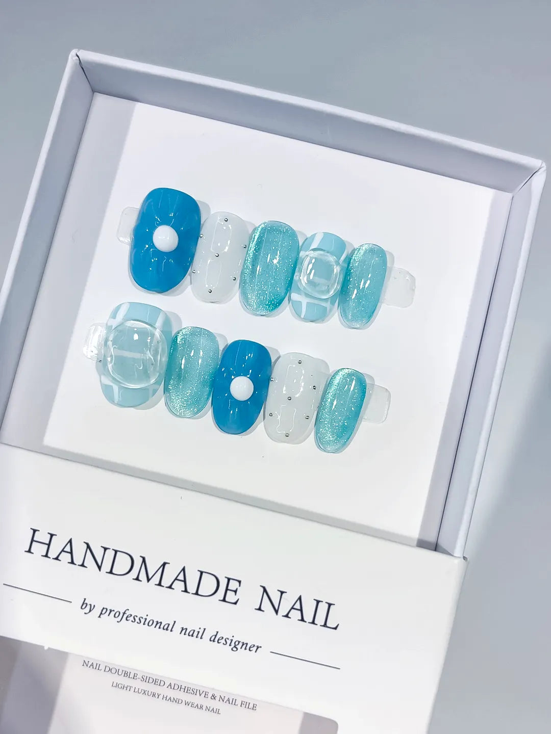 Blue White Glitter 3D Frame Rhinestone press on nails