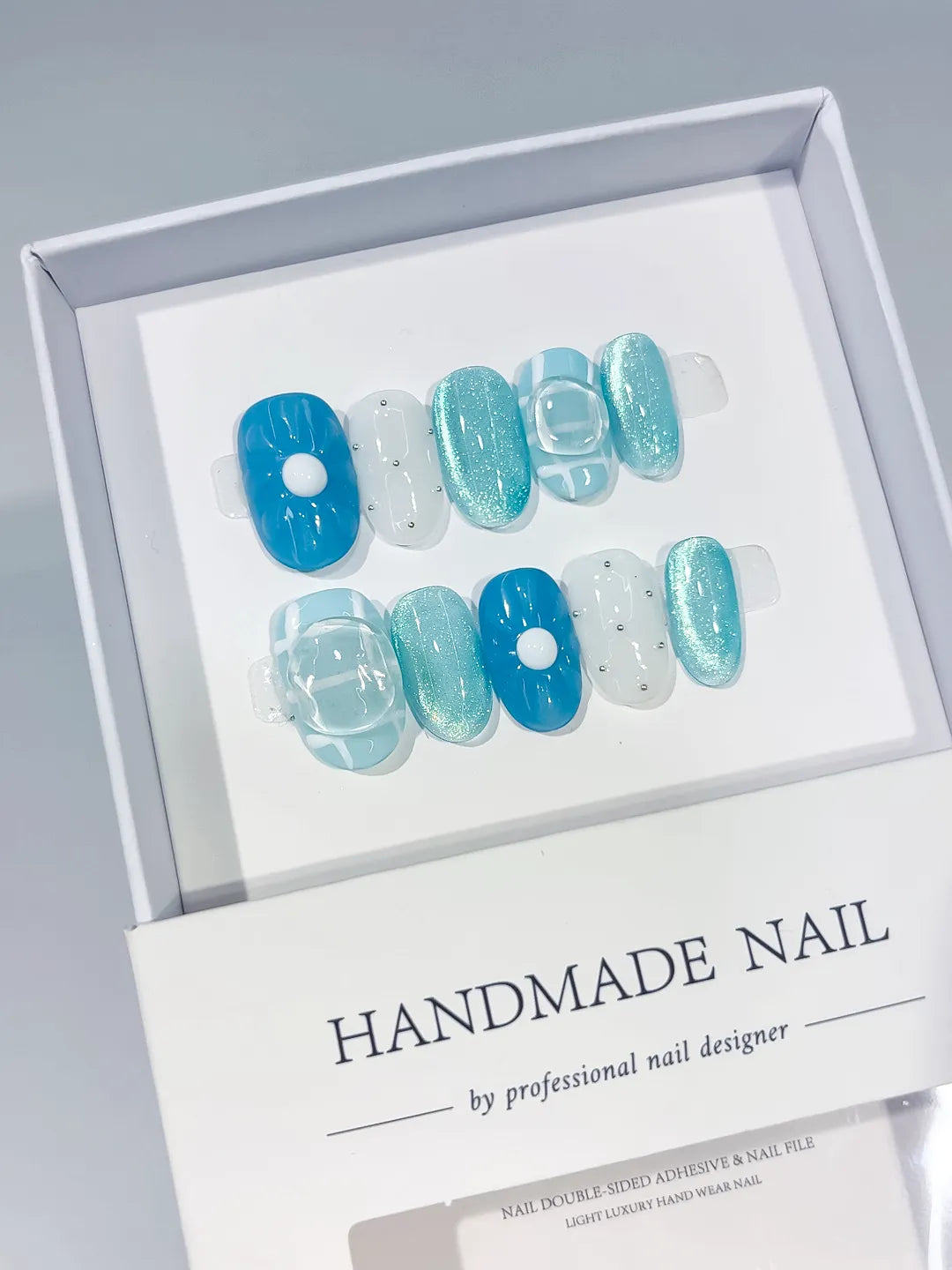 Blue White Glitter 3D Frame Rhinestone press on nails full set view