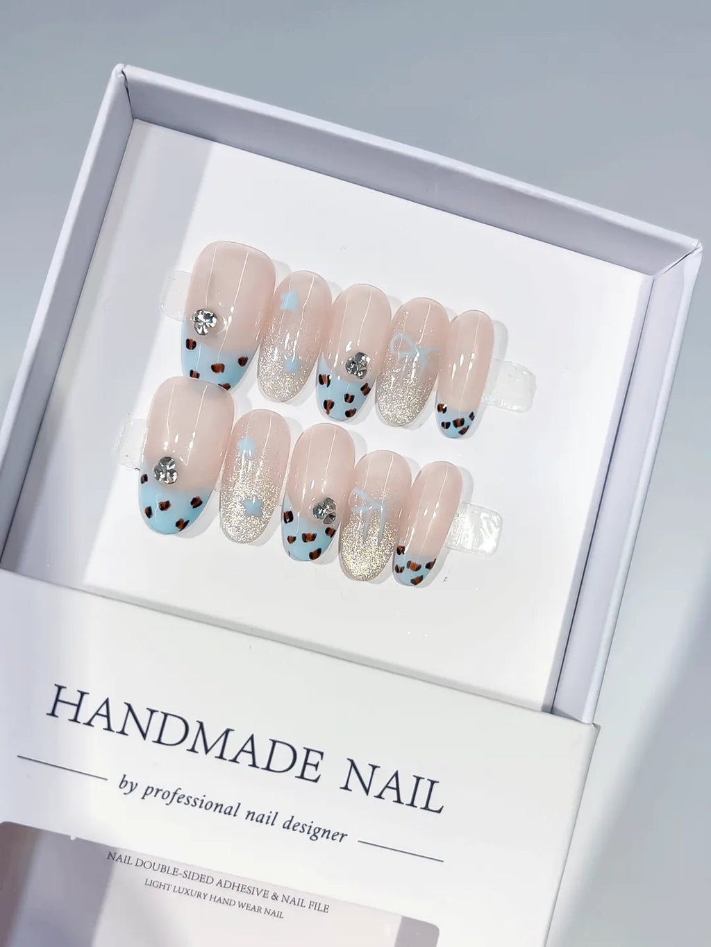 Nude Blue Silver French tip Animal Print Glitter Rhinestone press on nails