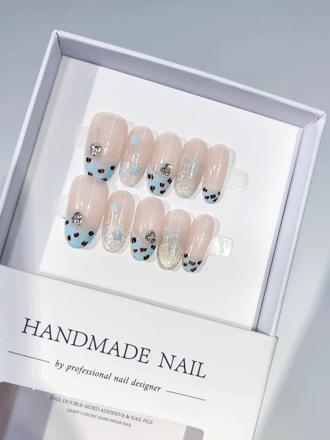 Nude Blue Silver French tip Animal Print Glitter Rhinestone press on nails