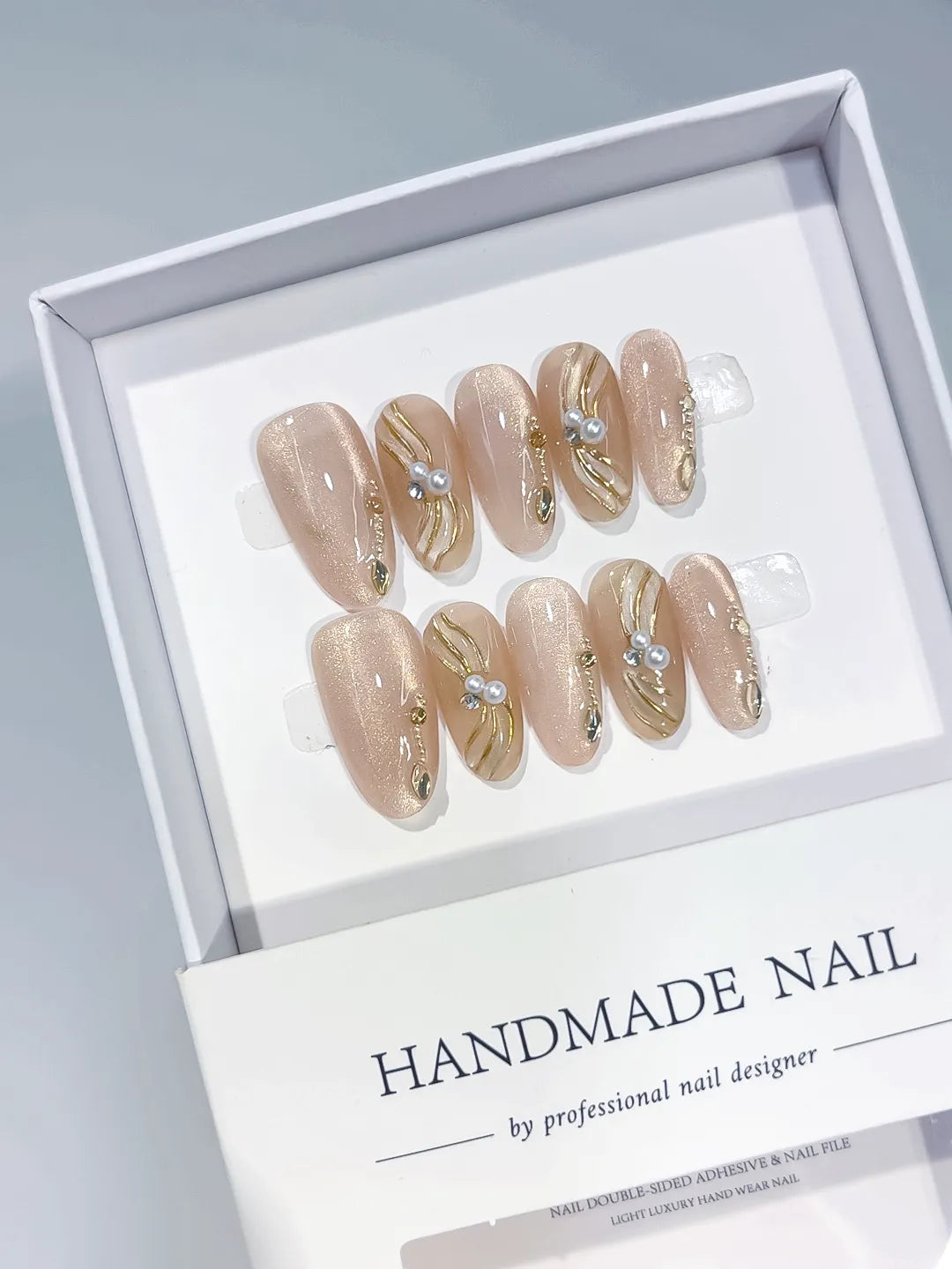 Nude Gold Silver Glitter Pearl Metallic Swirl press on nails full set view