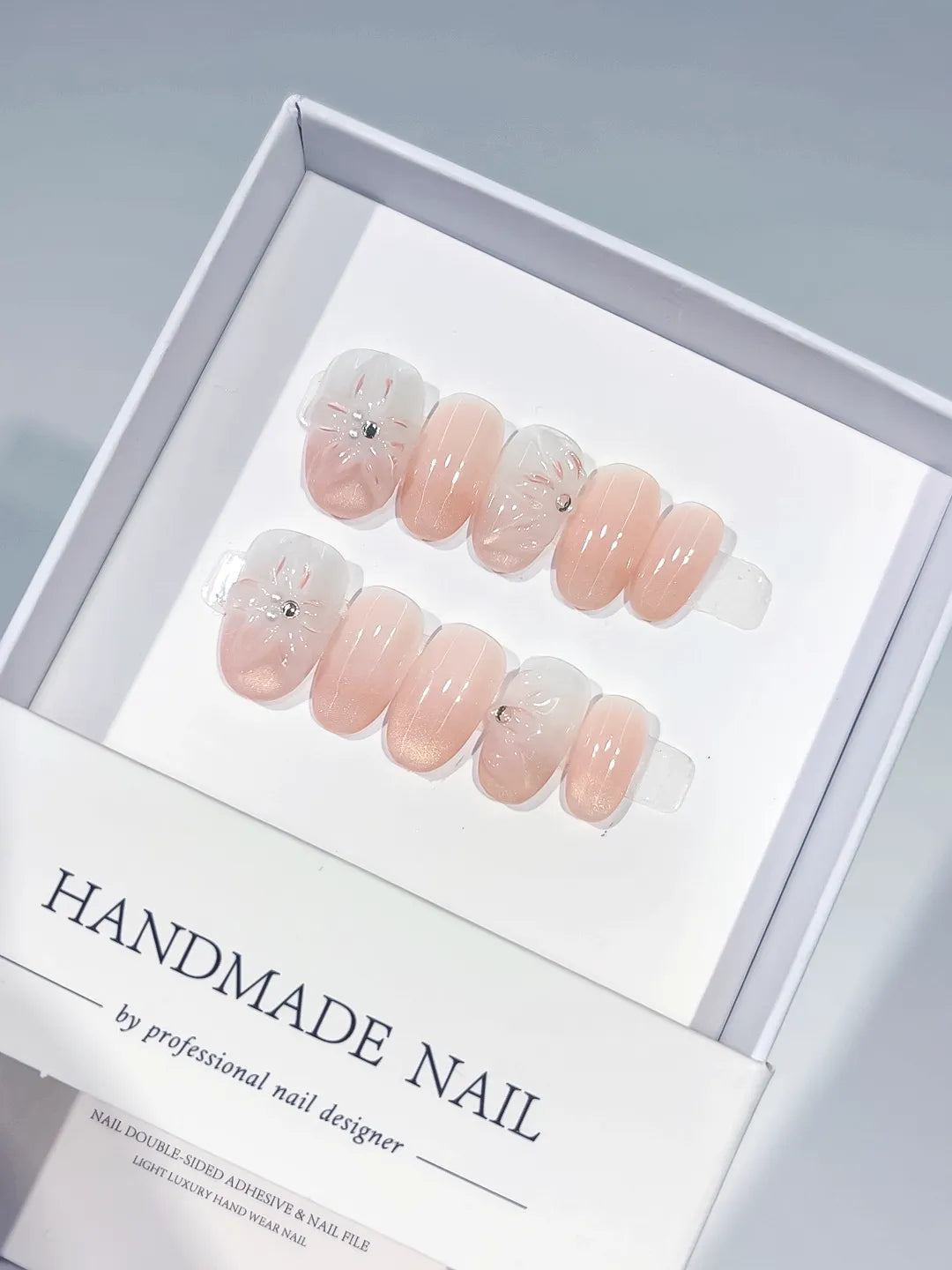 Nude White Holographic Flower Rhinestone press on nails