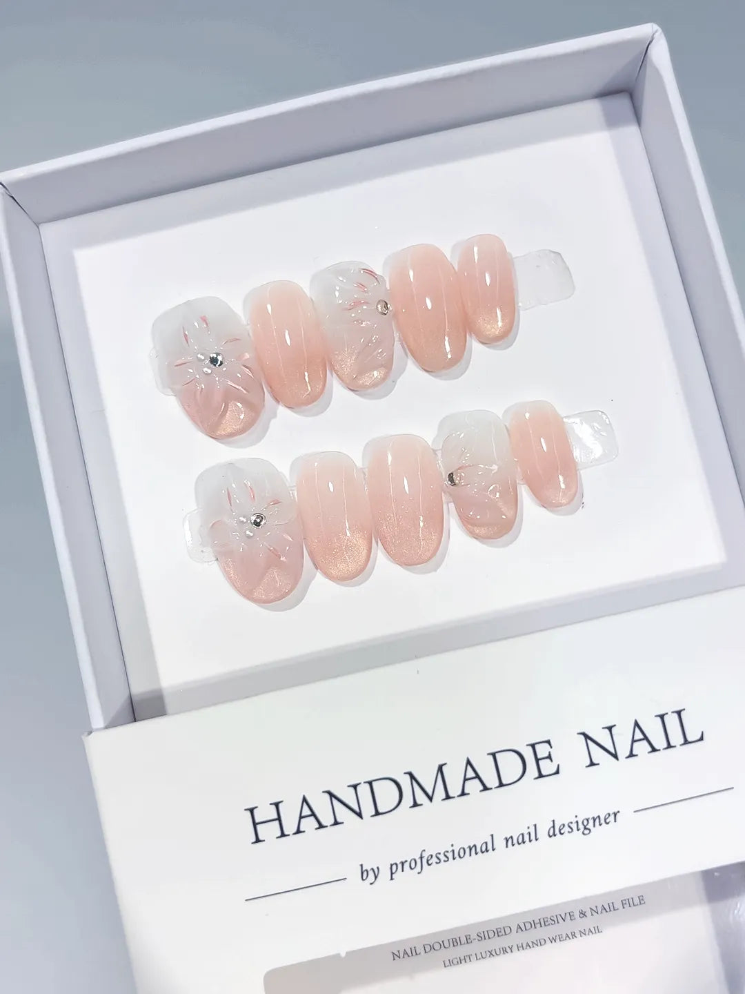 Nude White Holographic Flower Rhinestone press on nails full set view