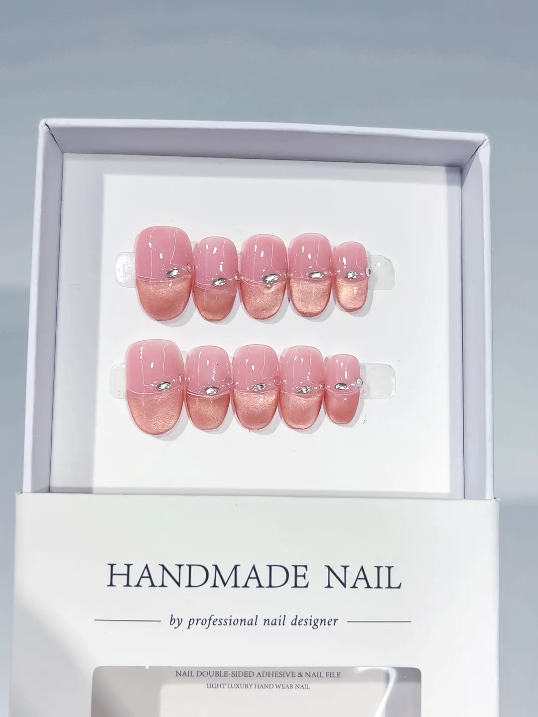 Pink Gold Silver Metallic Metal Stud press on nails full set view