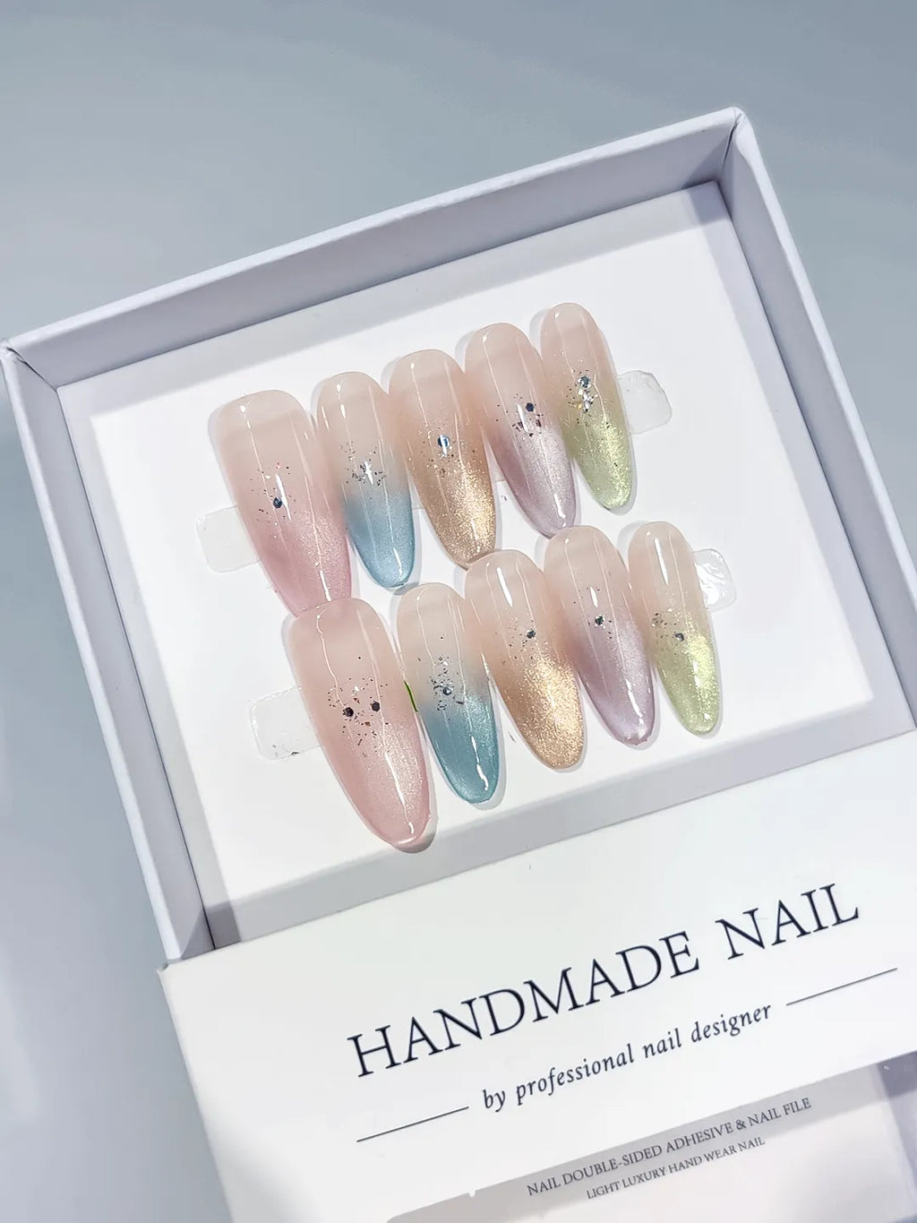 Pink Blue Yellow Multicolor Ombre Rhinestone press on nails full set view