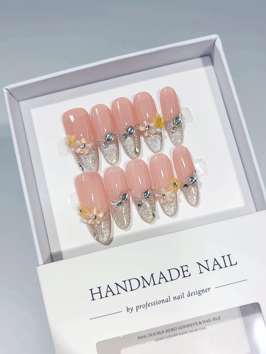 Nude Silver Yellow Glitter Flower Rhinestone press on nails full set view
