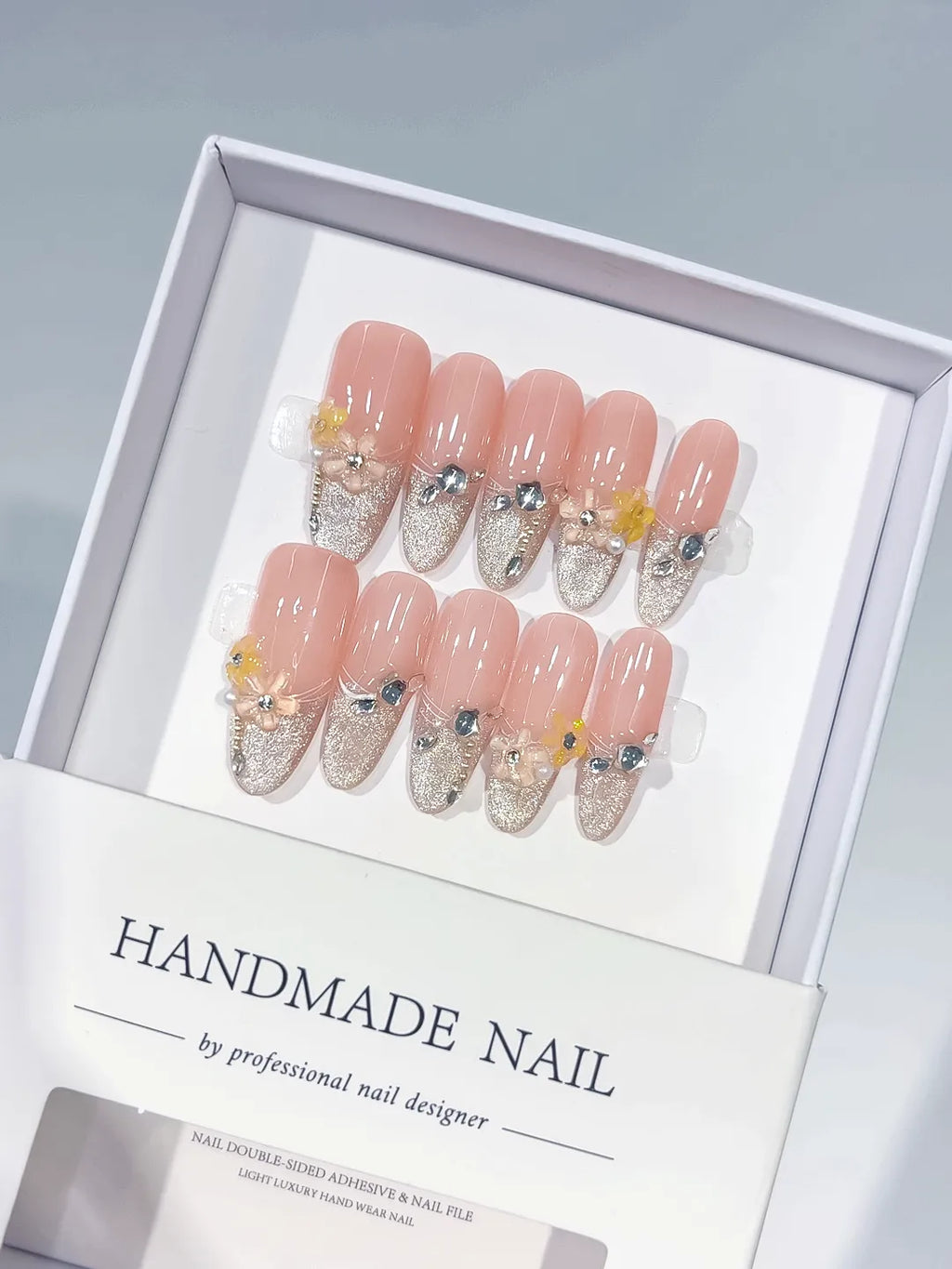 Nude Silver Yellow Glitter Flower Rhinestone press on nails