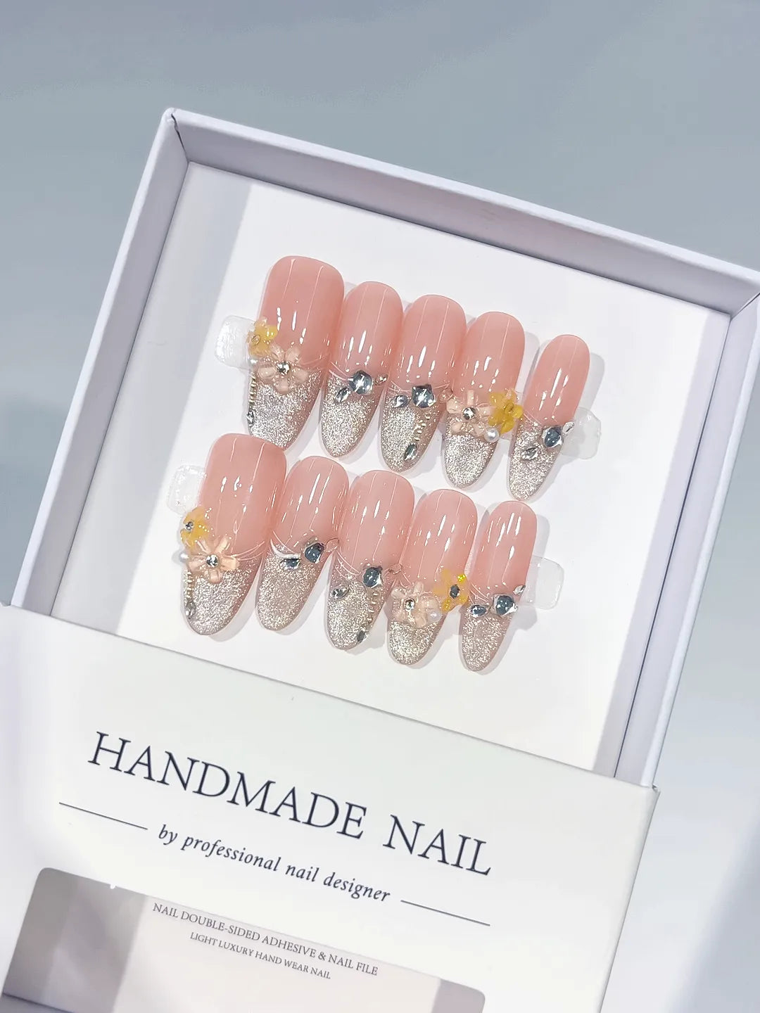 Nude Silver Yellow Glitter Flower Rhinestone press on nails