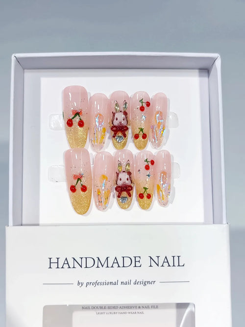 Nude Gold Red Glitter Cherry Bunny Aurora press on nails full set view