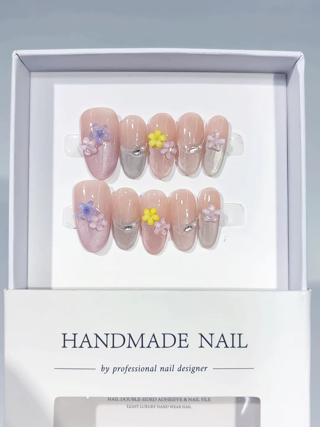 Pink Silver Yellow Purple Metallic Flower Rhinestone press on nails full set view