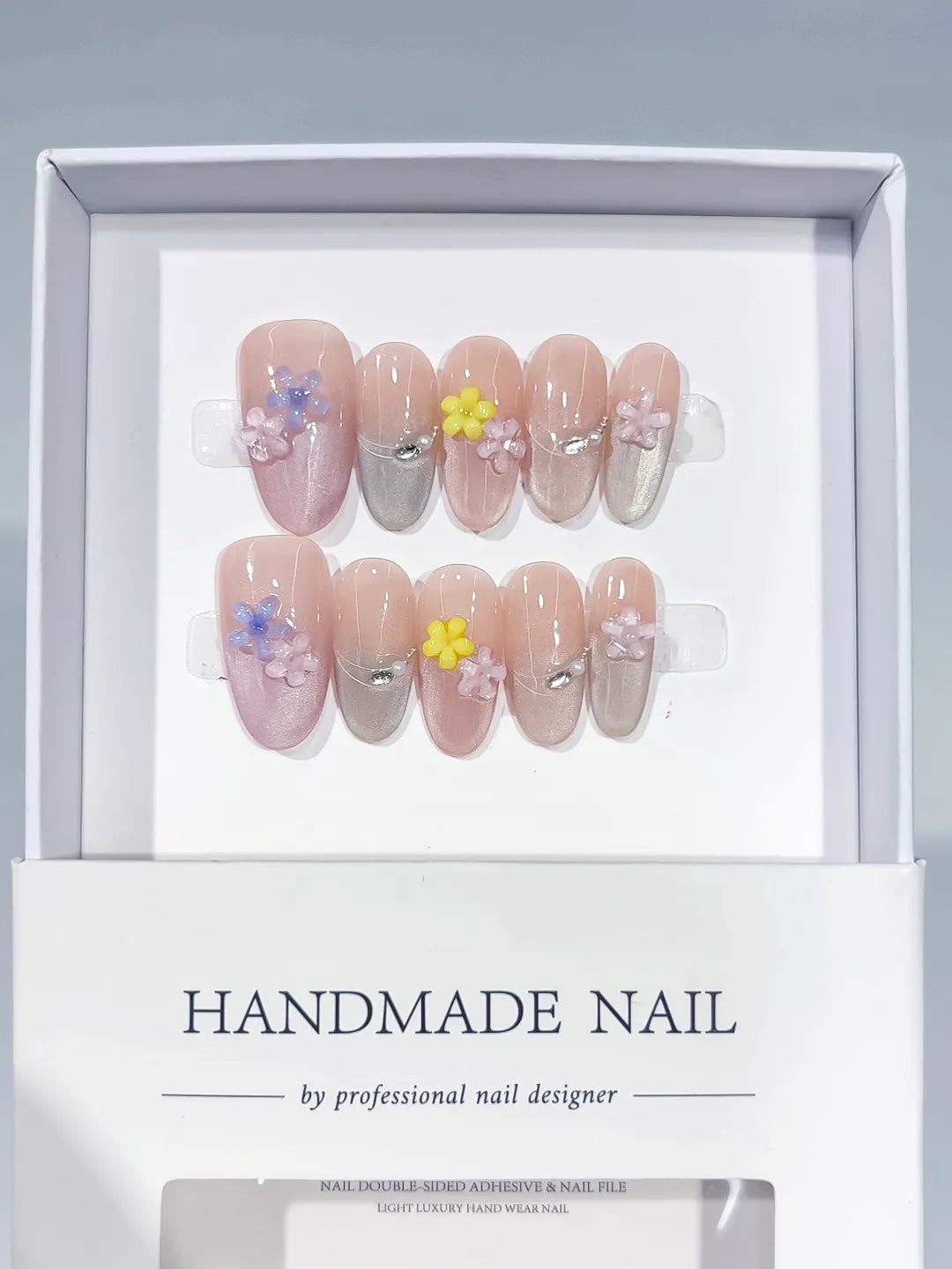 Pink Silver Yellow Purple Metallic Flower Rhinestone press on nails full set view