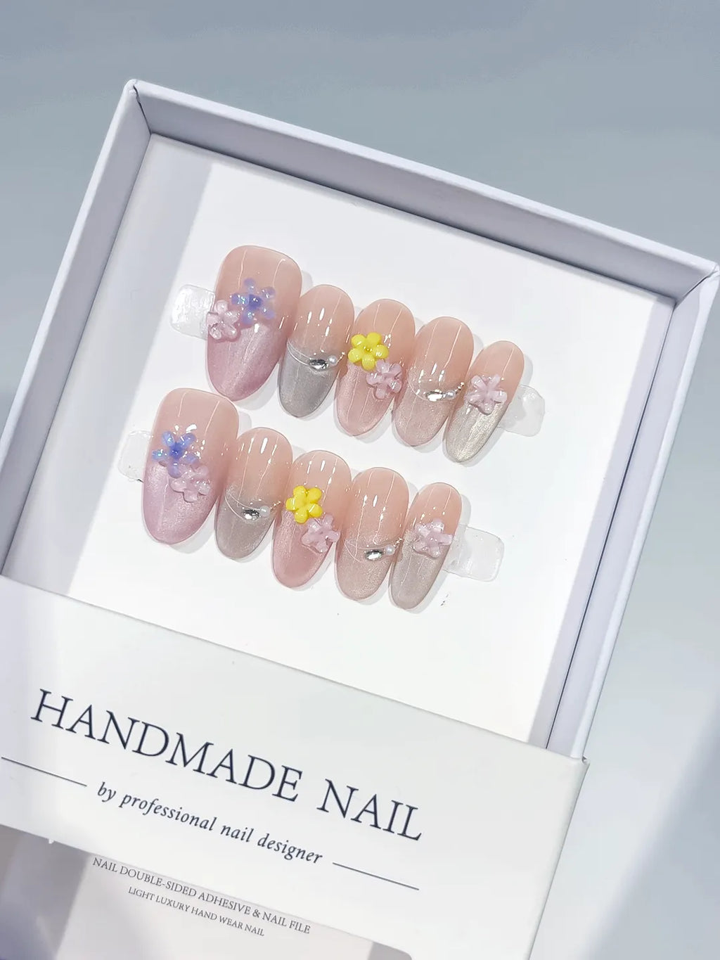 Pink Silver Yellow Purple Metallic Flower Rhinestone press on nails