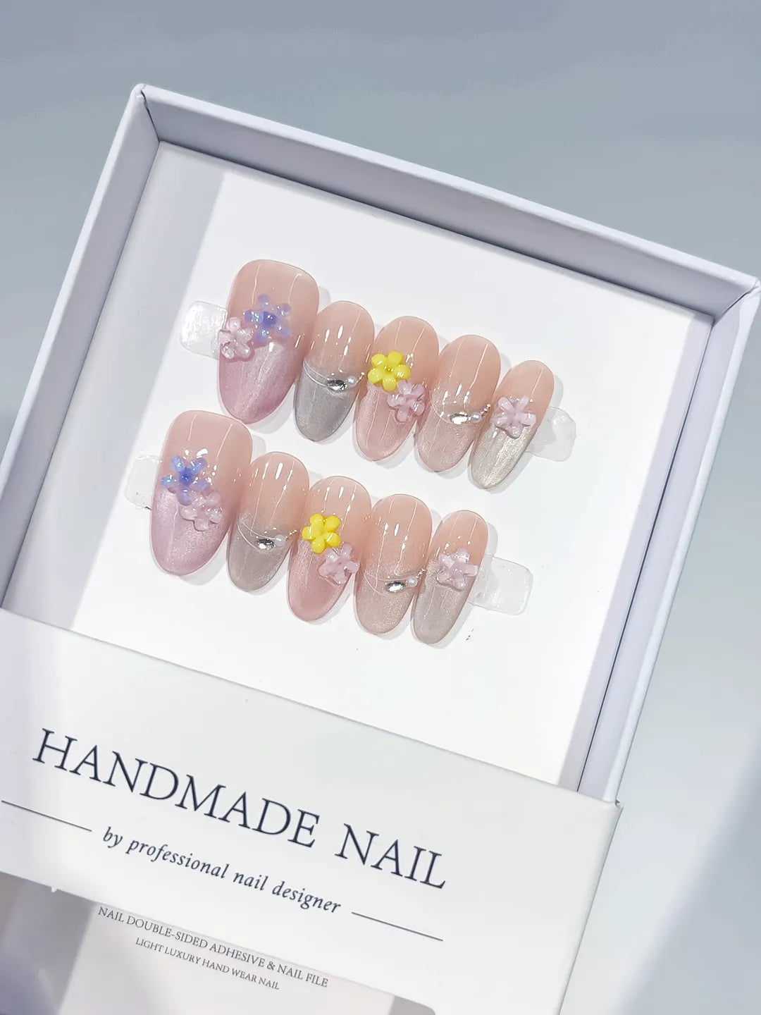 Pink Silver Yellow Purple Metallic Flower Rhinestone press on nails