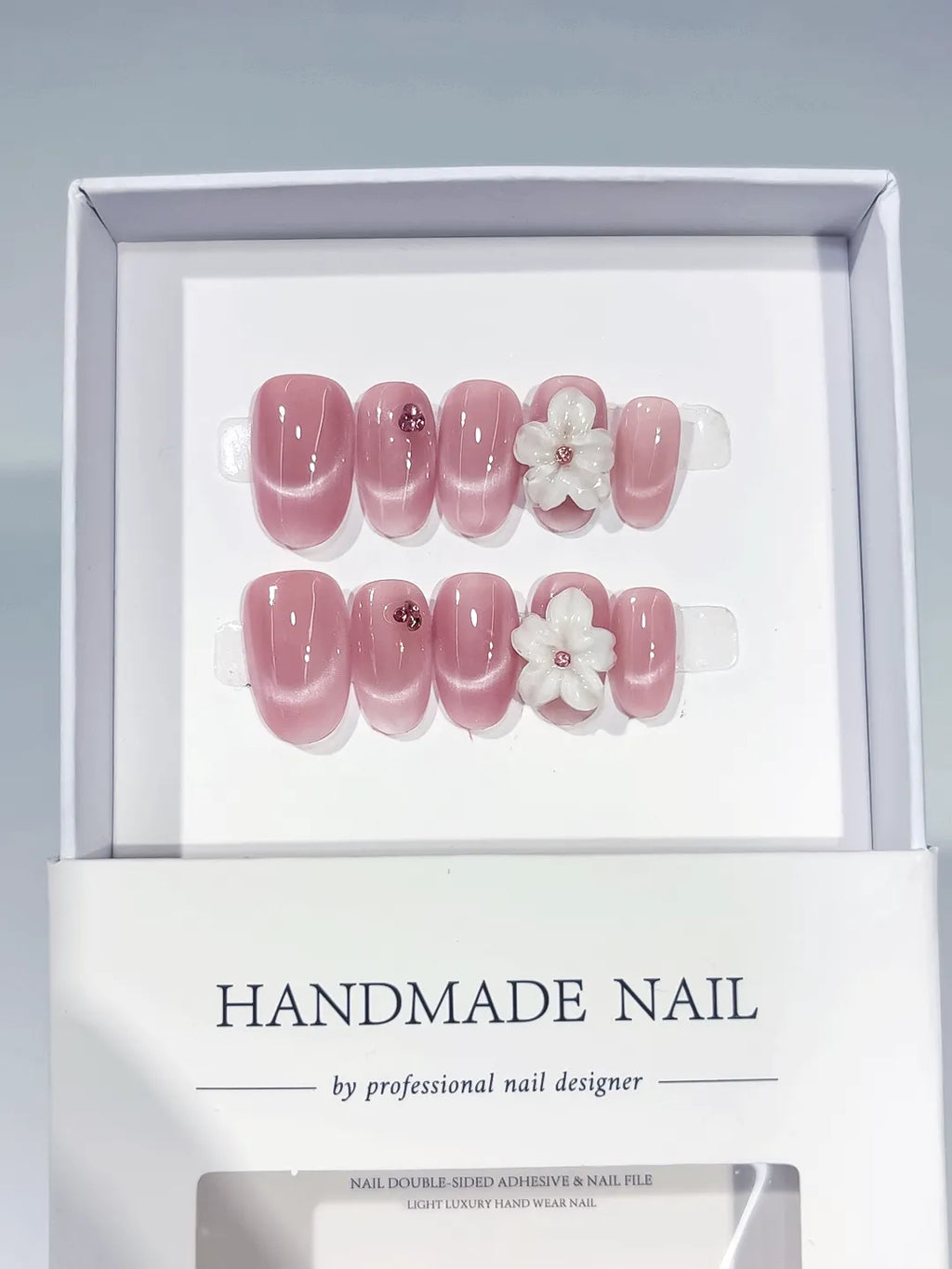 Pink Metallic Flower press on nails angled view