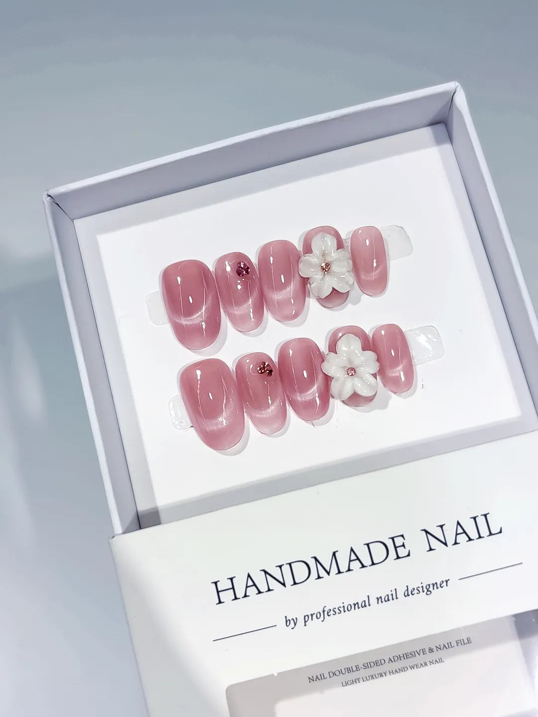 Pink Metallic Flower press on nails full set view