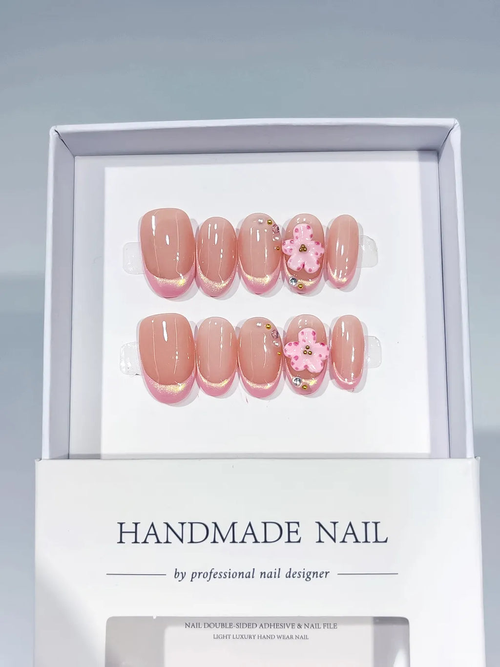 Nude Pink Gold French tip Heart Rhinestone press on nails full set view